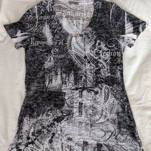 Semi Sheer V-Neck Graphic T-Shirt